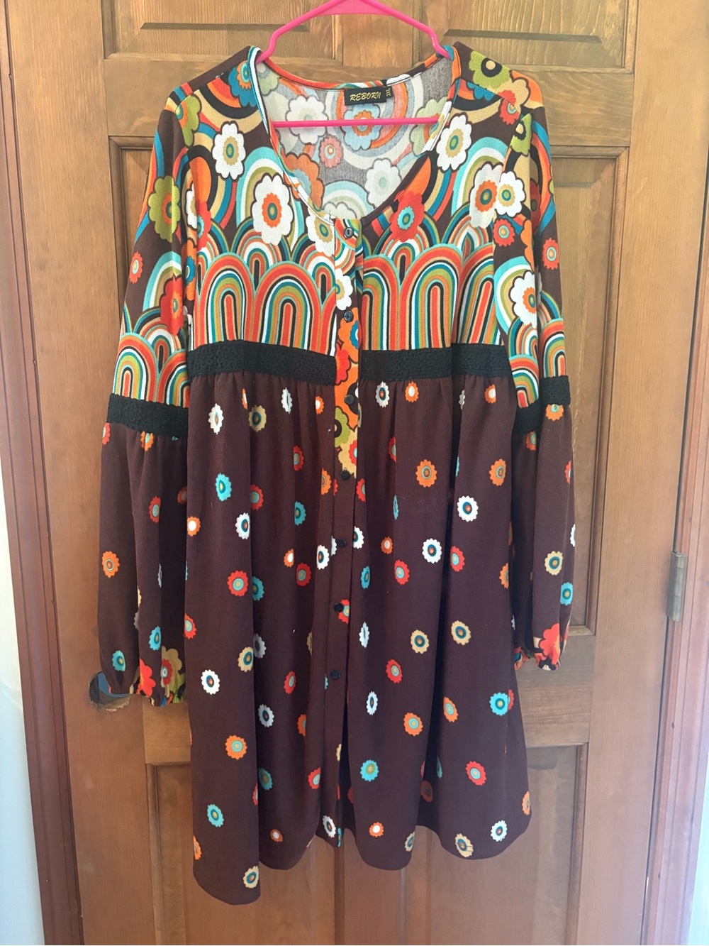 Anthropologie Reborn Brown Retro Floral Rainbow-Print Midi Fall Dress